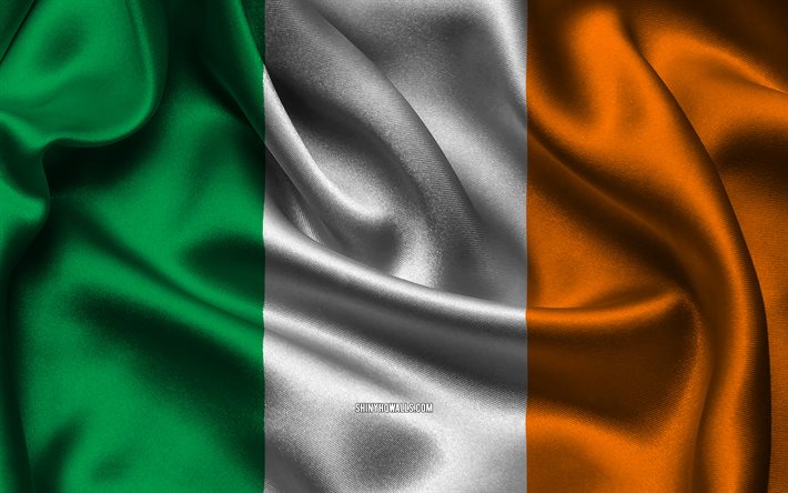 Ireland flag, 4K, European countries, satin flags, flag of Ireland, Day of Ireland, wavy satin flags, Irish flag, Irish national symbols, Europe, Ireland