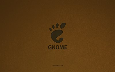gnome ロゴ, 4k, コンピュータのロゴ, gnome エンブレム, 茶色の石のテクスチャ, ノーム, テクノロジーブランド, gnome サイン, 茶色の石の背景