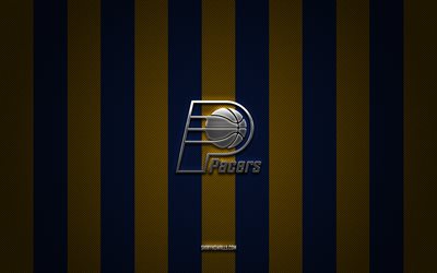 Indiana Pacers logo, american basketball team, NBA, blue yellow carbon background, Indiana Pacers emblem, basketball, Brooklyn Nets silver metal logo, Indiana Pacers