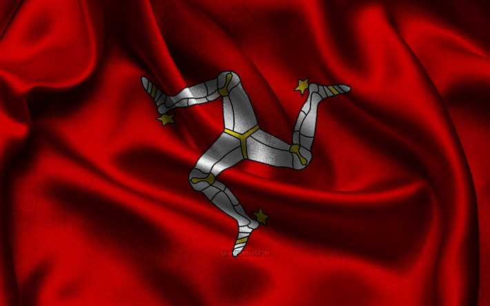 Isle of Man flag, 4K, European countries, satin flags, flag of Isle of Man, Day of Isle of Man, wavy satin flags, Isle of Man national symbols, Europe, Isle of Man