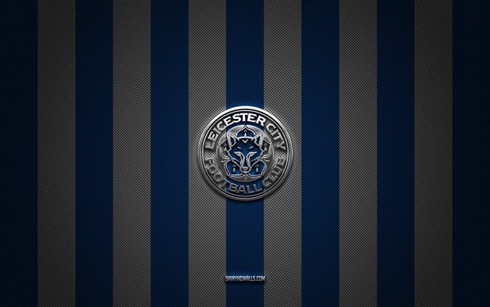 Leicester City FC logo, English football club, Premier League, blue white carbon background, Leicester City FC emblem, football, Leicester City FC, England, Leicester City silver metal logo