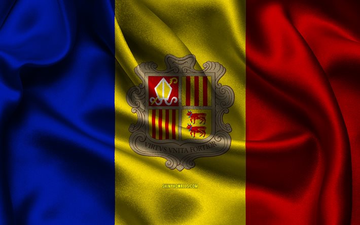 Andorra flag, 4K, European countries, satin flags, flag of Andorra, Day of Andorra, wavy satin flags, Andorran flag, Andorran national symbols, Europe, Andorra