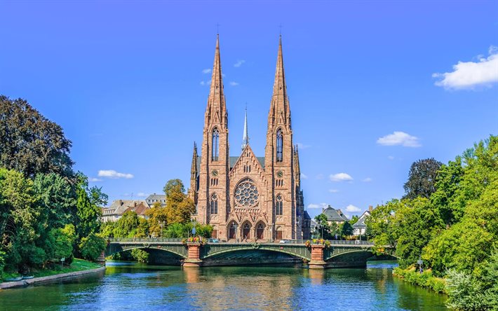 la catedral de estrasburgo, 4k, la catedral de nuestra señora de estrasburgo, el verano, el viaje a estrasburgo, el punto de referencia, la catedral católica, el paisaje urbano de estrasburgo, estrasburgo, alsacia, francia