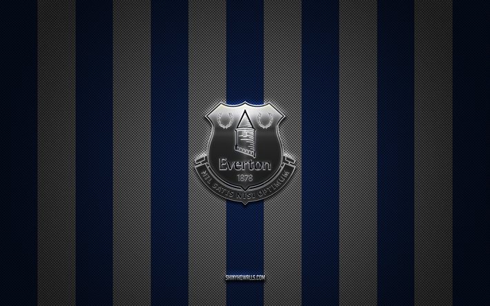 everton fc-logo, englischer fußballverein, premier league, blau-weißer karbonhintergrund, everton fc-emblem, fußball, everton fc, england, everton fc-silbermetalllogo