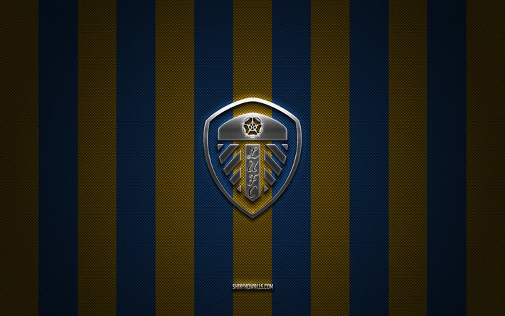 Leeds United logo, English football club, Premier League, yellow blue carbon background, Leeds United emblem, football, Leeds United, England, Leeds FC silver metal logo, Leeds FC