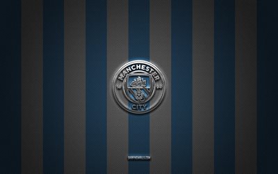 Manchester City FC logo, English football club, Premier League, blue white carbon background, Manchester City FC emblem, football, Manchester City FC, England, Manchester City FC silver metal logo