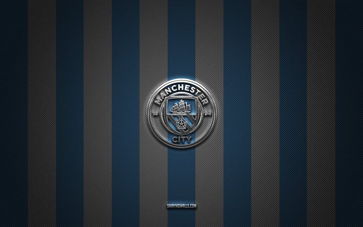 manchester city fc-logo, englischer fußballverein, premier league, blau-weißer karbonhintergrund, manchester city fc-emblem, fußball, manchester city fc, england, manchester city fc silbermetall-logo