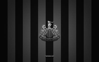 Newcastle United FC logo, English football club, Premier League, black white carbon background, Newcastle United FC emblem, football, Newcastle United FC, England, Newcastle United FC silver metal logo