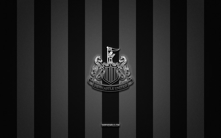 Newcastle United FC logo, English football club, Premier League, black white carbon background, Newcastle United FC emblem, football, Newcastle United FC, England, Newcastle United FC silver metal logo