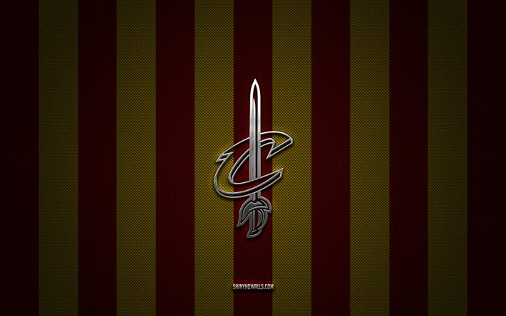 Cleveland Cavaliers logo, american basketball team, NBA, purple yellow carbon background, Cleveland Cavaliers emblem, basketball, Cleveland Cavaliers silver metal logo, Cleveland Cavaliers