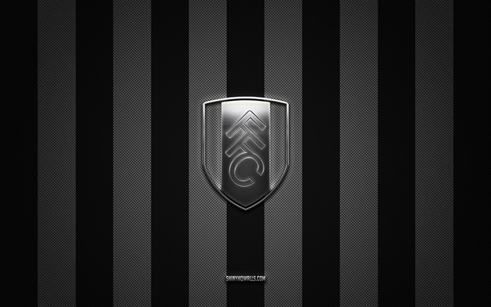 logotipo del fulham fc, club de fútbol inglés, premier league, fondo de carbono blanco y negro, emblema del fulham fc, fútbol, fulham fc, inglaterra, logotipo de metal plateado del fulham fc