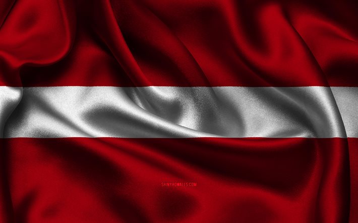Latvia flag, 4K, European countries, satin flags, flag of Latvia, Day of Latvia, wavy satin flags, Latvian flag, Latvian national symbols, Europe, Latvia