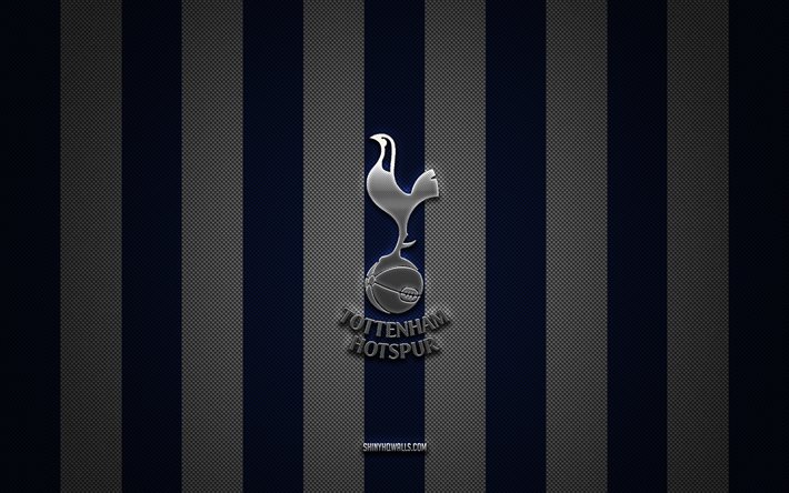 Tottenham Hotspur logo, English football club, Premier League, blue white carbon background, Tottenham Hotspur emblem, football, Tottenham Hotspur, England, Tottenham Hotspur silver metal logo