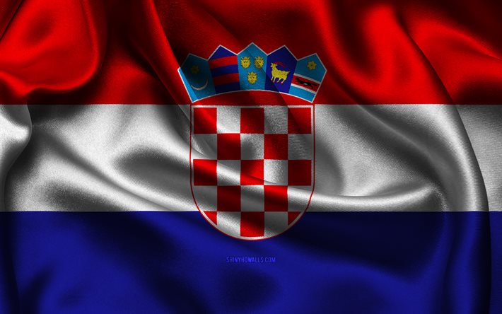 drapeau de la croatie, 4k, les pays européens, les drapeaux de satin, le drapeau de la croatie, le jour de la croatie, les drapeaux de satin ondulés, le drapeau croate, les symboles nationaux croates, l europe, la croatie