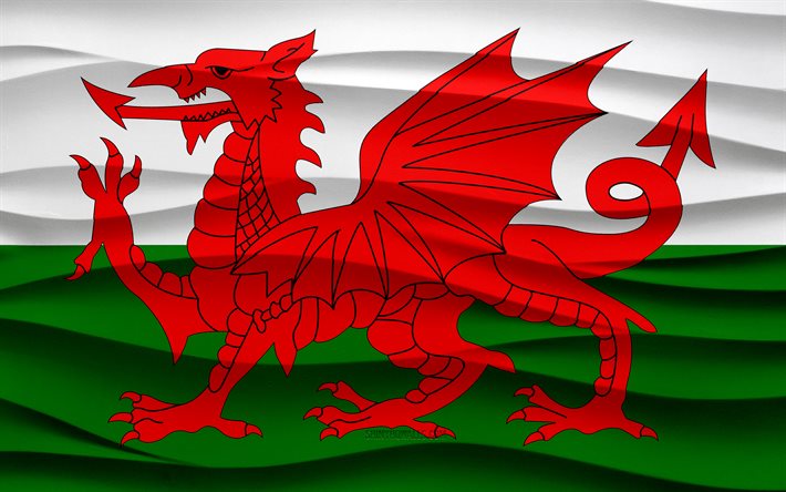 4k, bandera de gales, fondo de yeso de ondas 3d, textura de ondas 3d, símbolos nacionales de gales, día de gales, países europeos, bandera de gales 3d, gales, europa