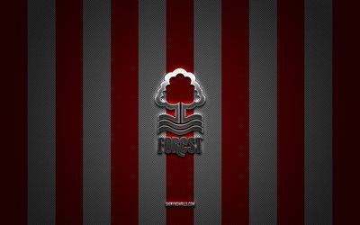 Nottingham Forest FC logo, English football club, Premier League, red white carbon background, Nottingham Forest FC emblem, football, Nottingham Forest FC, England, Nottingham Forest FC silver metal logo