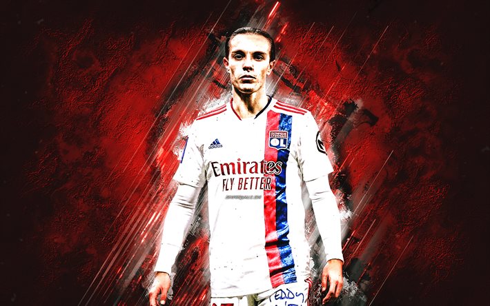 Maxence Caqueret, Olympique Lyon, French football player, midfielder, Ligue 1, red stone background, France, football