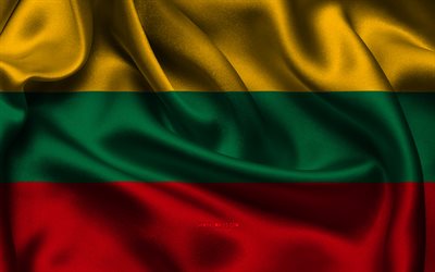 Lithuania flag, 4K, European countries, satin flags, flag of Lithuania, Day of Lithuania, wavy satin flags, Lithuanian flag, Lithuanian national symbols, Europe, Lithuania