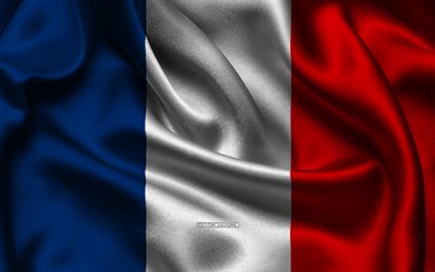 프랑스 국기, 4k, 유럽 국가, 새틴 플래그, 프랑스의 국기, 프랑스의 날, 물결 모양의 새틴 플래그, 프랑스 국가 상징, 유럽, 프랑스