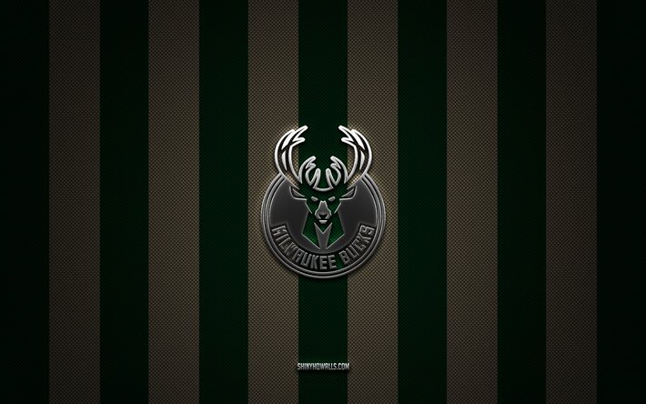 milwaukee bucks-logo, amerikanisches basketballteam, nba, grünbrauner kohlenstoffhintergrund, milwaukee bucks-emblem, basketball, milwaukee bucks-silbermetalllogo, milwaukee bucks
