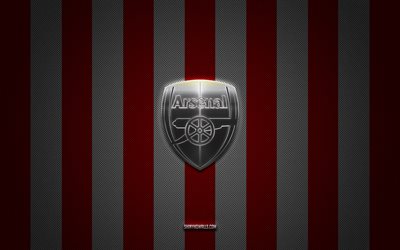 arsenal fc-logo, englischer fußballverein, premier league, rot-weißer karbonhintergrund, arsenal fc-emblem, fußball, arsenal fc, england, arsenal fc silbermetall-logo