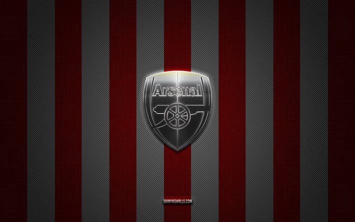 logo dell arsenal fc, squadra di calcio inglese, premier league, sfondo rosso carbone bianco, emblema dell arsenal fc, calcio, arsenal fc, inghilterra, logo in metallo argento dell arsenal fc