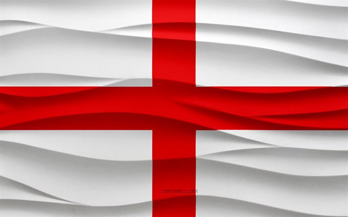 4k, Flag of England, 3d waves plaster background, England flag, 3d waves texture, English national symbols, Day of England, European countries, 3d England flag, England, Europe