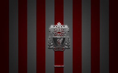 liverpool fc-logo, englischer fußballverein, premier league, rot-weißer karbonhintergrund, liverpool fc-emblem, fußball, liverpool fc, england, liverpool fc silbermetall-logo