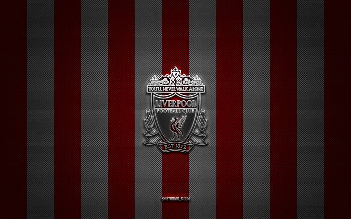 Liverpool FC logo, English football club, Premier League, red white carbon background, Liverpool FC emblem, football, Liverpool FC, England, Liverpool FC silver metal logo