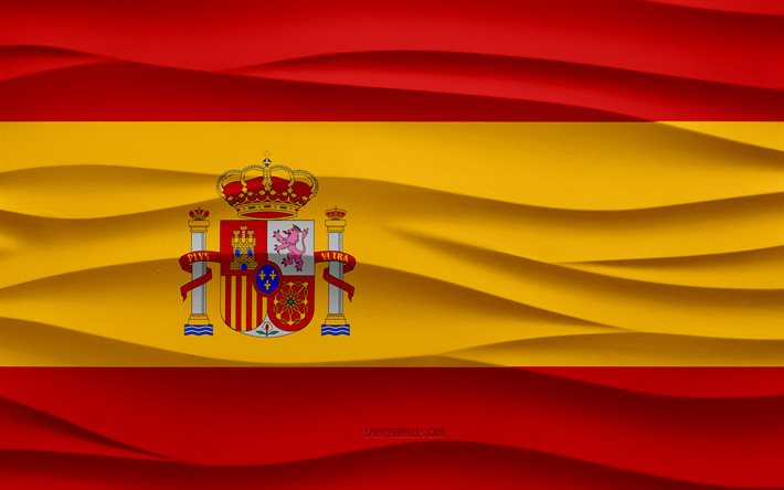 4k, علم اسبانيا, 3d ، موجات ، جص ، الخلفية, 3d موجات الملمس, رموز إسبانيا الوطنية, يوم اسبانيا, الدول الأوروبية, 3d، علم اسبانيا, إسبانيا, أوروبا
