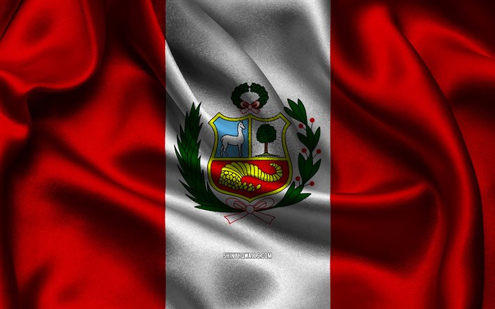 Peru flag, 4K, South American countries, satin flags, flag of Peru, Day of Peru, wavy satin flags, Peruvian flag, Peruvian national symbols, South America, Peru