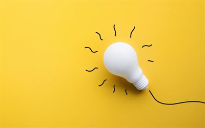 아이디어 램프, 4k, 미니멀리즘, 창의적인, 노란색 배경, 사업 아이디어, 램프가 있는 그림, 비즈니스 개념, 아이디어 개념, 아이디어