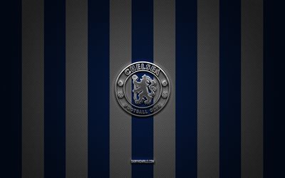 logo du chelsea fc, club de football anglais, premier league, fond de carbone blanc bleu, emblème du chelsea fc, football, chelsea fc, angleterre, logo en métal argenté du chelsea fc