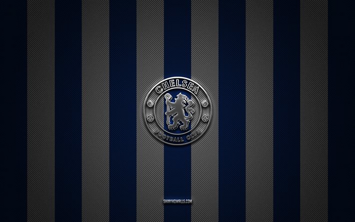 o logotipo do chelsea fc, clube de futebol inglês, premier league, azul branco de carbono de fundo, o chelsea fc emblema, futebol, o chelsea fc, inglaterra, o chelsea fc prata logotipo do metal