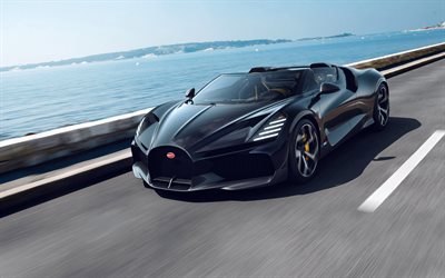 2024, Bugatti W16 Mistral, 4k, exterior, front view, black hypercar, black W16 Mistral, luxury cars, Bugatti