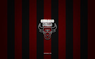 logo chicago bulls, squadra di basket americana, nba, sfondo rosso nero carbonio, emblema chicago bulls, basket, logo in metallo argento chicago bulls, chicago bulls