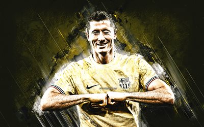 robert lewandowski, o barcelona fc, jogador de futebol polonês, retrato, pedra amarela de fundo, a liga, espanha, futebol, lewandowski barcelona