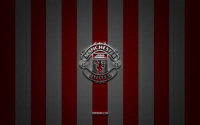Manchester United FC logo, English football club, Premier League, red white carbon background, Manchester United FC emblem, football, Manchester United FC, England, Manchester United silver metal logo, Manchester Utd