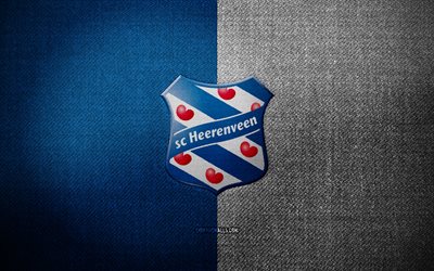 sc heerenveen badge, 4k, blue white fabric -hintergrund, eredivisie, sc heerenveen logo, sc heerenveen emblem, sportlogo, niederländischer fußballverein, sc heerenveen, fußball, heerenveen fc