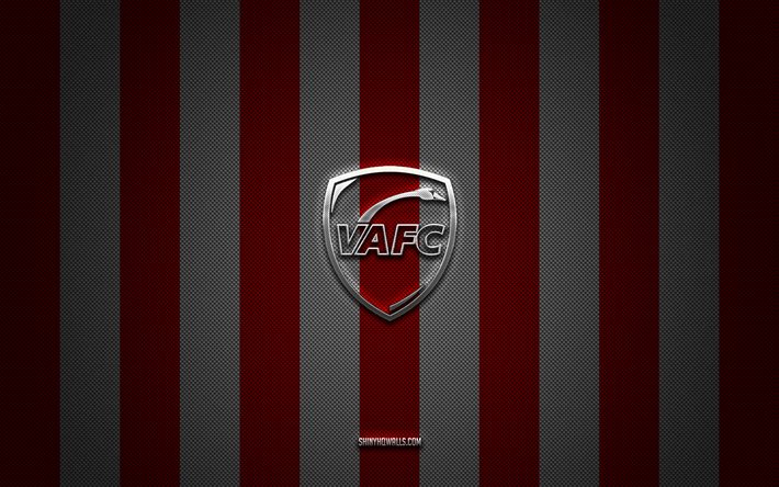 valencennes fc logo, french football club, ligue 2, red white carbon background, valencennes fc emblem, football, valenciennes fc, francia, valencennes fc silver metal logo