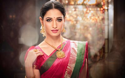 tamannaah bhatia, 4k, abbigliamento tradizionale indiano, attrice indiana, bollywood, star del cinema, sari, foto con tamannaah bhatia, celebrità indiana