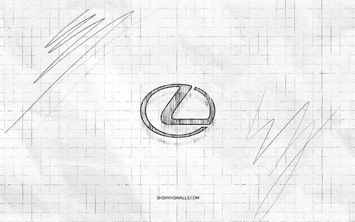 logo lexus sketch, 4k, fond de papier à carreaux, logo lexus black, marques de voitures, croquis de logo, logo lexus, dessin au crayon, lexus