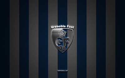grenoble foot 38 logo, french football club, ligue 2, fondo de carbono blanco azul, foot grenoble 38 emblema, fútbol, ​​foot grenoble 38, francia, foot grenoble 38 logotipo de metal plateado