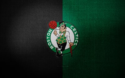 boston celtics badge, 4k, green black fabric hintergrund, nba, boston celtics logo, boston celtics emblem, basketball, sportlogo, boston celtics flag, american basketball team, boston celtics