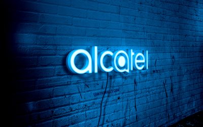 alcatel neon logo, 4k, blue brickwall, grunge art, creative, logo on wire, alcatel blue logo, alcatel logo, oeuvre, alcatel
