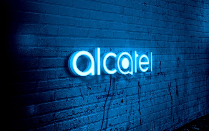 Alcatel neon logo, 4k, blue brickwall, grunge art, creative, logo on wire, Alcatel blue logo, Alcatel logo, artwork, Alcatel