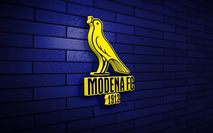 modena fc 3d logo, 4k, blue brickwall, serie a, futebol, clube de futebol italiano, logotipo modena fc, emblema modena fc, modena calcótica, logotipo esportivo, modena fc