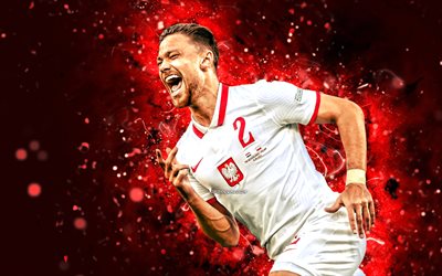 Matty Cash, 4k, 2022, red neon lights, Poland National Team, soccer, footballers, red abstract background, Polish football team, Matty Cash 4K