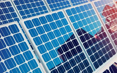 الألواح الشمسية, 4k, مصادر طاقه بديله, الطاقة الخضراء, طاقة شمسية, نسيج لوحة الطاقة الشمسية, خلفية مع الألواح الشمسية