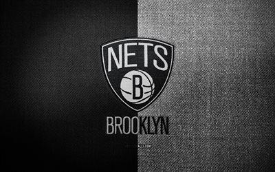 ブルックリン・ネットバッジ, 4k, 白い黒い生地の背景, nba, ブルックリンネットのロゴ, ブルックリンネッツエンブレム, バスケットボール, スポーツロゴ, ブルックリンネッツフラグ, アメリカのバスケットボールチーム, ブルックリンネット